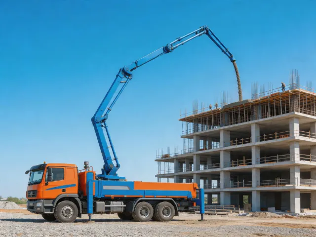 Schwing concrete boom pump on construction site